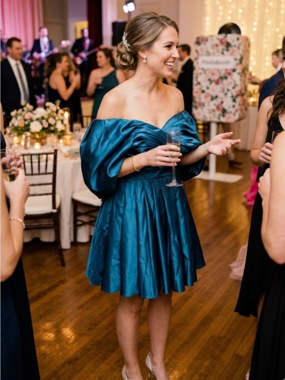 Teal Off-Shoulder Satin Cocktail Dress (CALL OUT)